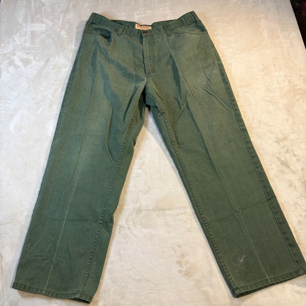 Vintage Big Mac Workwear Pants Mens 35x28 Olive Green Twill Straight Leg Utility